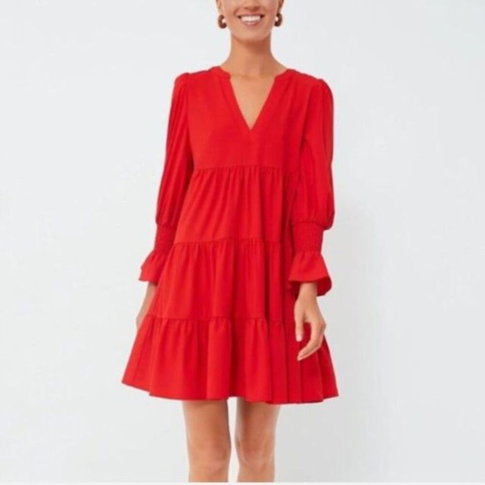 Tuckernuck Pomander Place Red Crepe Kenzo Tiered Mini Dress Smocked Sleeve L